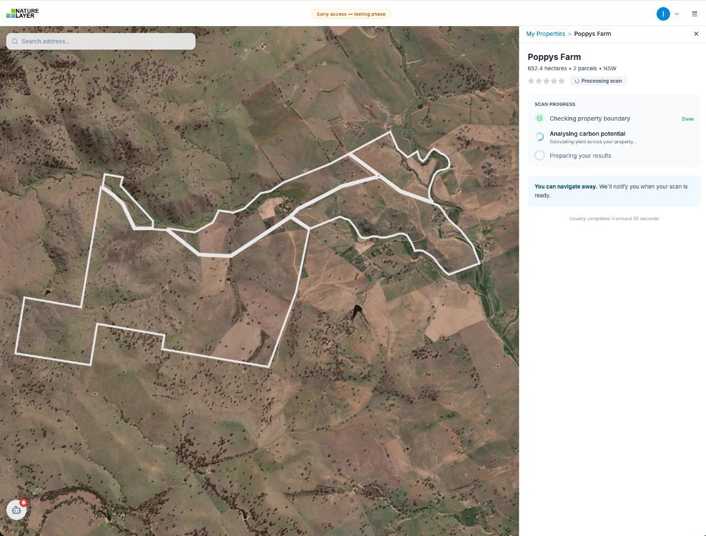 Quick Scan in progress showing property boundary and scan progress steps