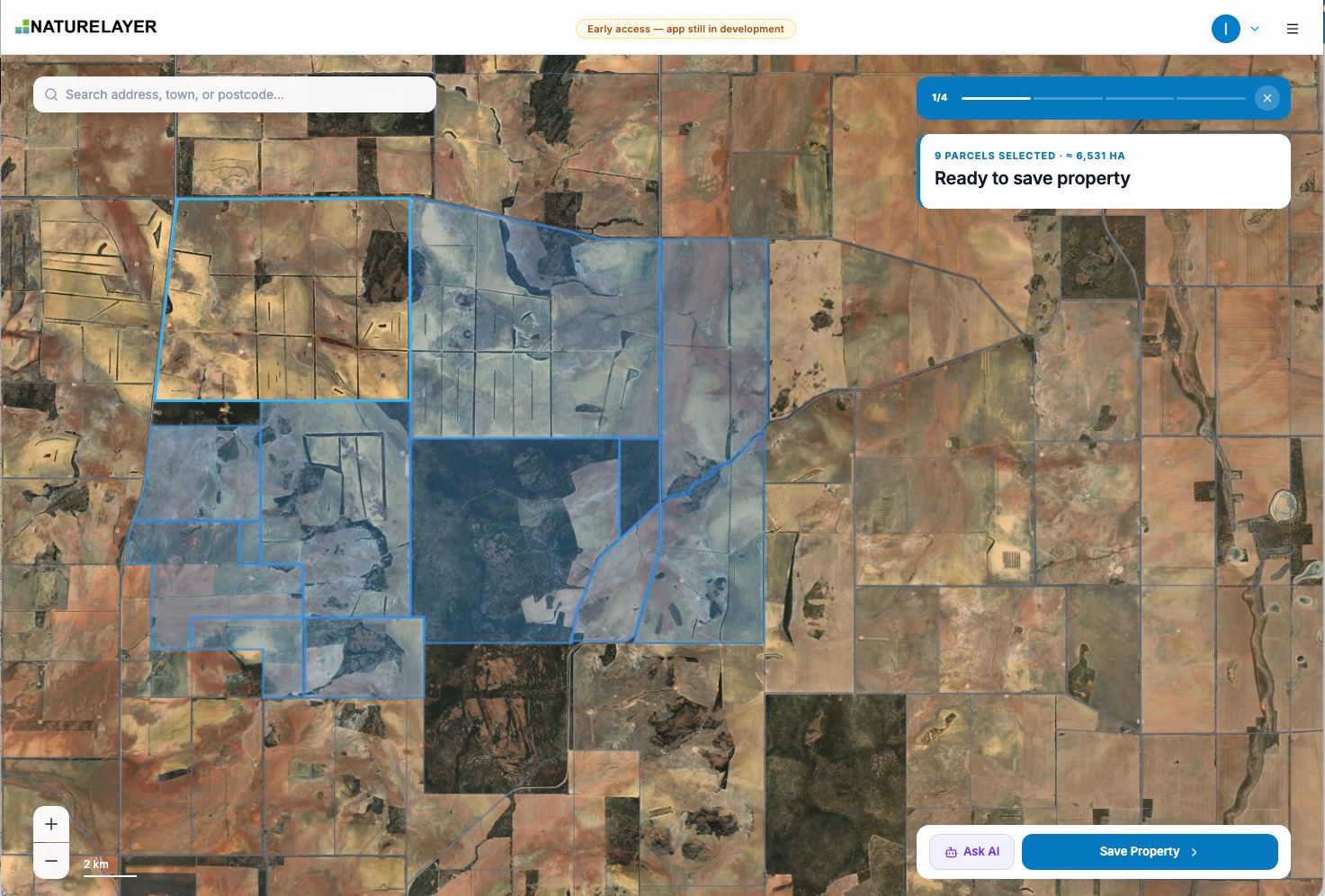 Map view showing land parcels being selected to create a property boundary