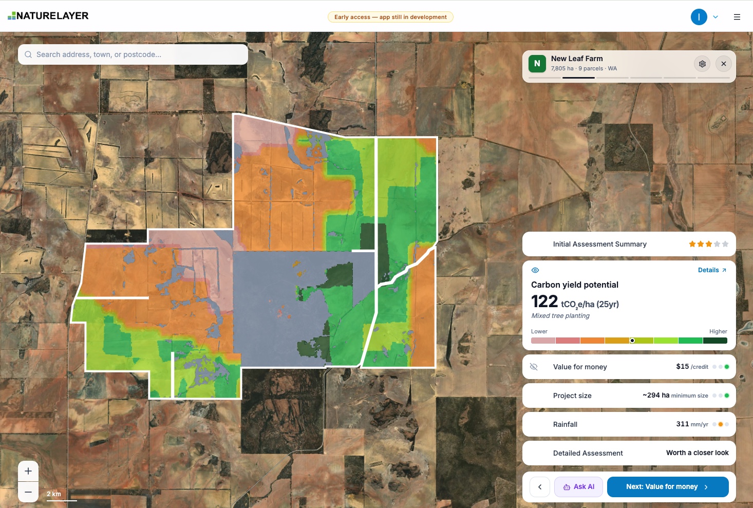 Results carousel with the carbon yield heatmap shown across the property on the map