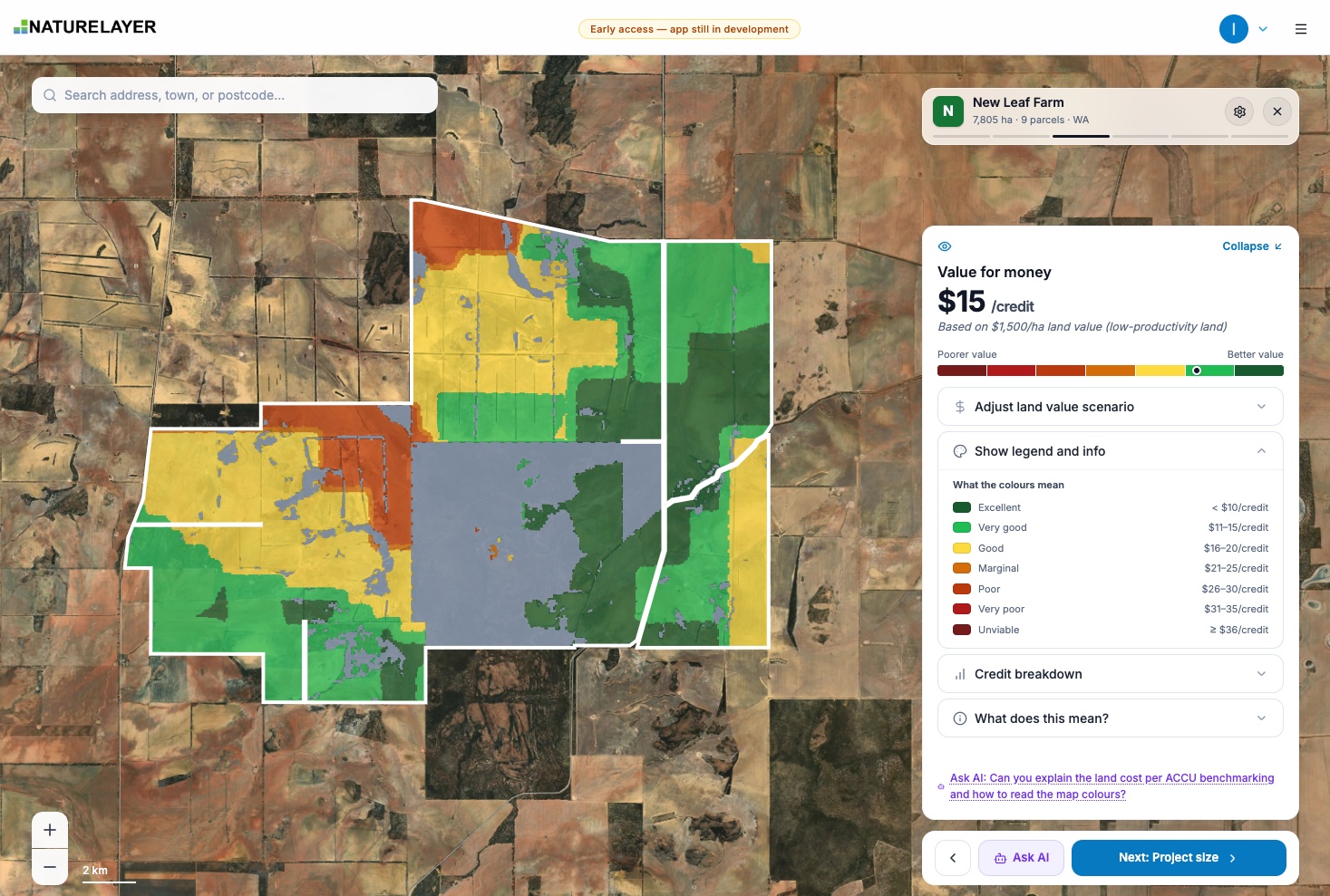 Value for money card showing the cost per carbon credit, with the property map coloured from poor to strong value