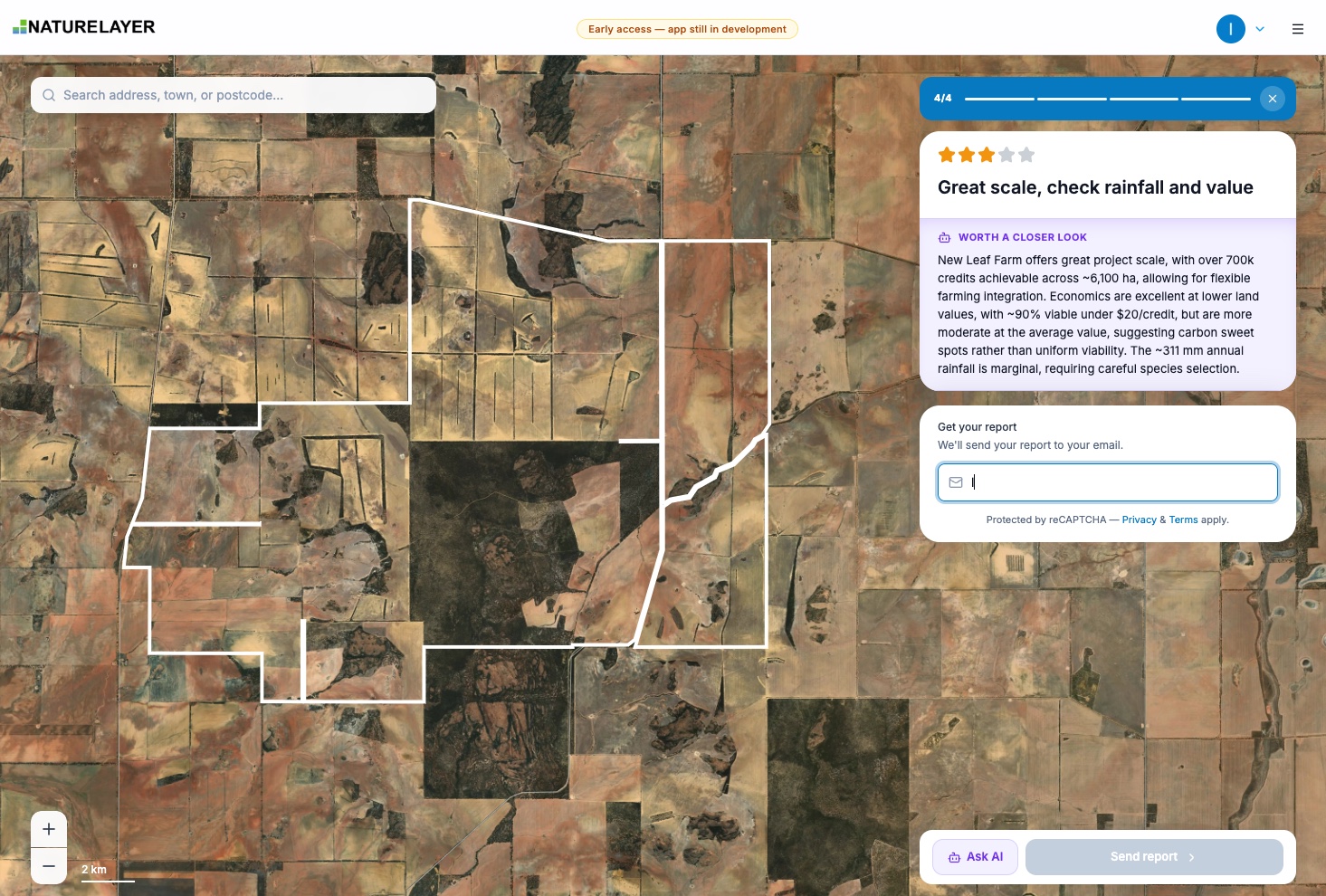 Initial Assessment verdict with a star rating, a short summary, and the email form to send the full report